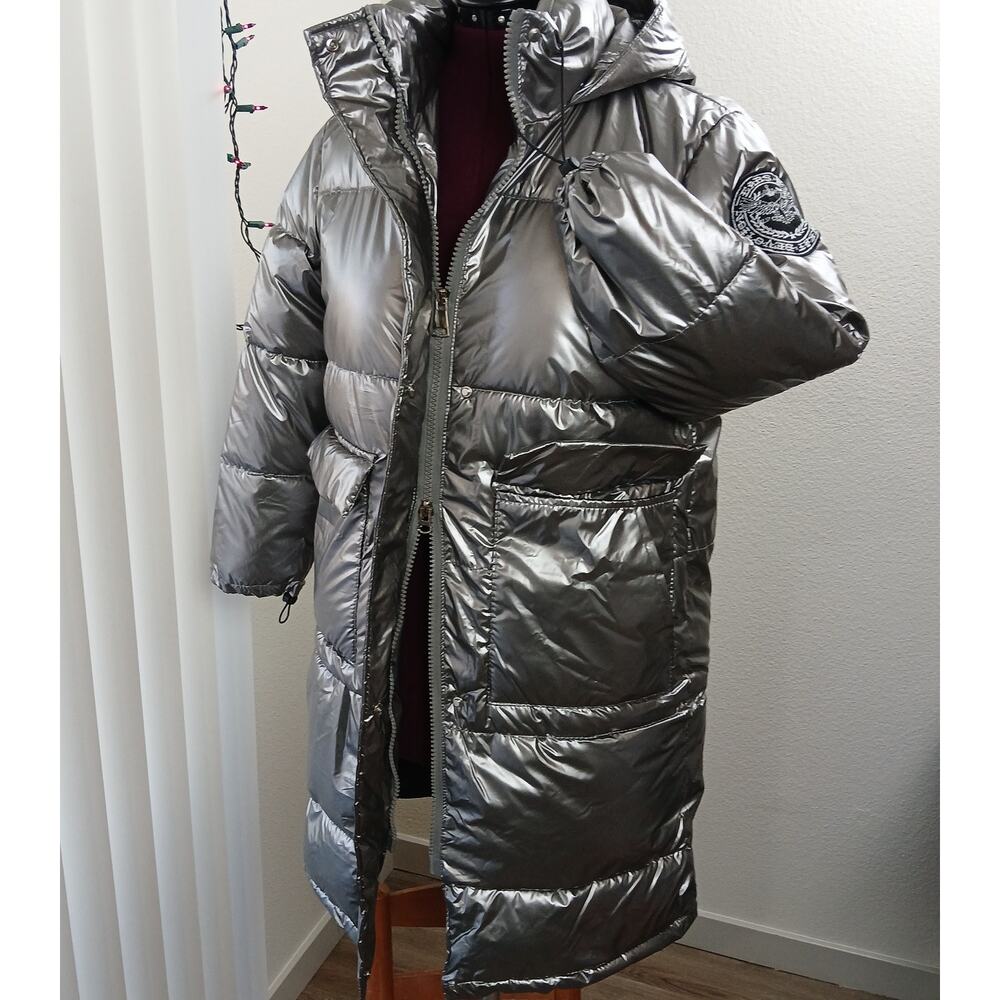 Metallic Silver Hooded Puffer Coat Large warm winter maximalism long line jacket - Picture 6 of 13